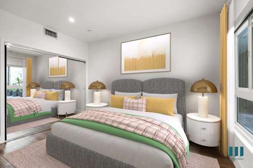 Bedroom with Large-Sixe Windows, Vinyl Flooring, and Mirrored Closet