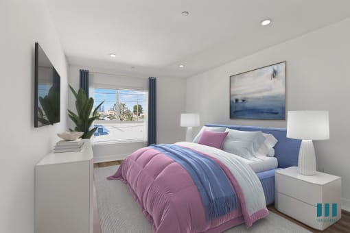 Spacious Bedroom with Large-Size Windows, Vinyl Flooring, and Recessed Lighting