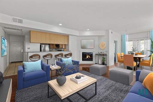 A modern living room with a fireplace and a dining area.