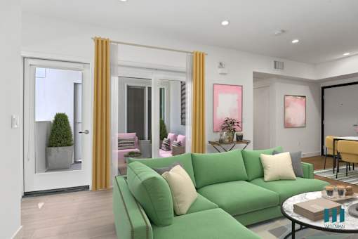 Living Room with Vinyl Flooring, Recessed Lighting, and a Patio