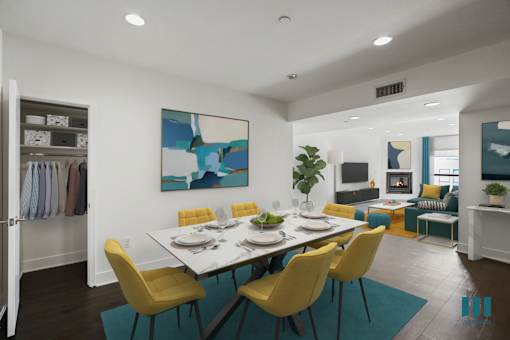 Dining and Living Room with Hall Closet, Fireplace, Vinyl Flooring, and Recessed Lighting