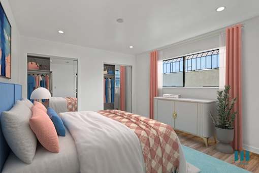 Bedroom with Two Closets, Vinyl Flooring, and Recessed Lighting