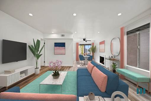 Open-Concept Living Room and Dining Room with a Fireplace