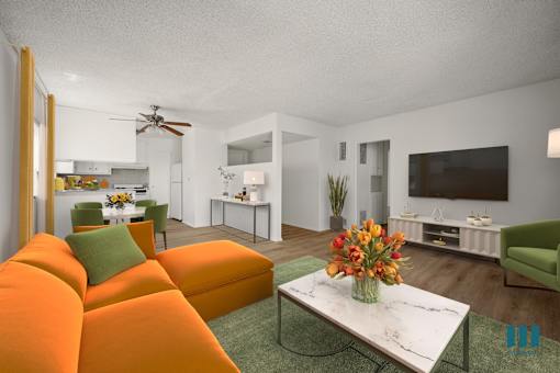 Open-Concept Kitchen, Dining, and Living Room with Vinyl Flooring