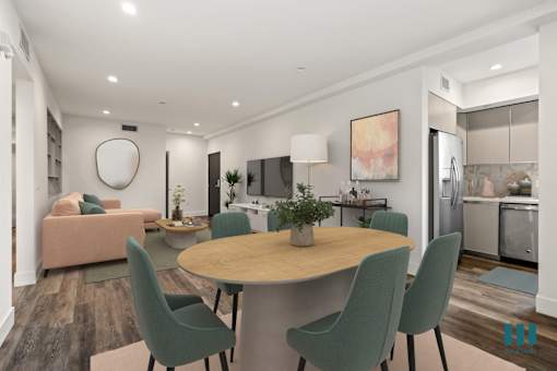 Kitchen, Dining, and Living Room with Vinyl Flooring and Recessed Lighting