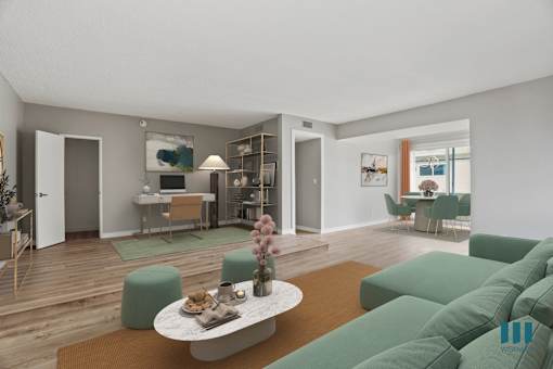 Open-Concept Dining, Living Room, and Office Space