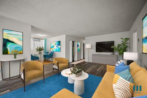 A living room with a yellow couch and a white coffee table.