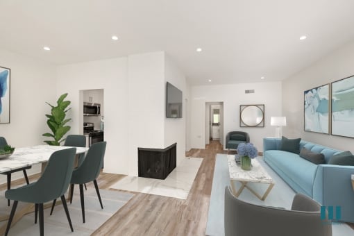 Dining and Living Room with Electric Fireplace, Vinyl Flooring, and Recessed Lighting