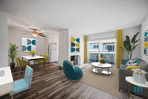 Open-Concept Dining and Living Room with Vinyl Flooring, Fireplace, and a Patio