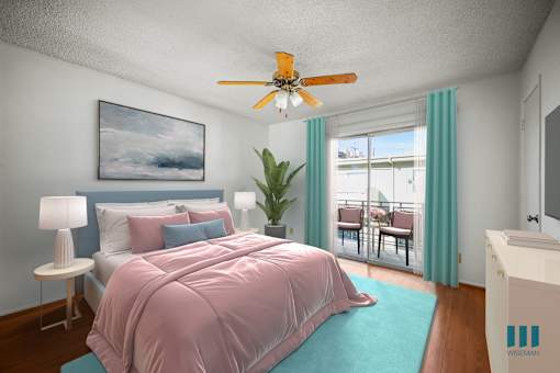 Bedroom with Mirrored Closet, Vinyl Flooring, Ceiling Fan, and Windows