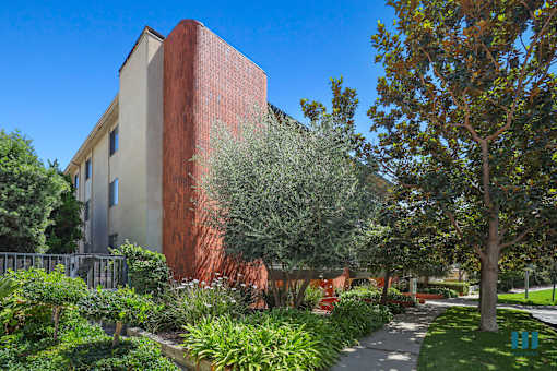 A building with a red brick wall and a green tree in front.