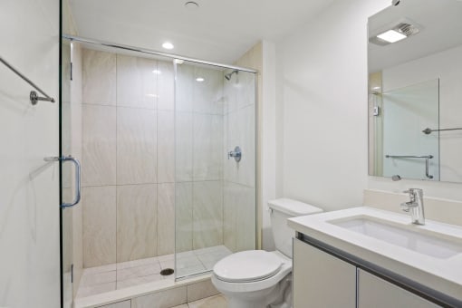 Bathroom with Walk-In Shower and Vanity Cabinet Storage