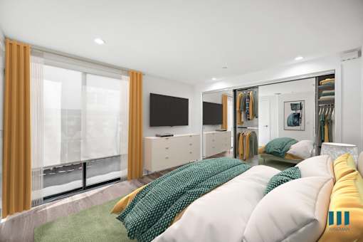 Primary Bedroom with Mirrored Closet, Recessed Lighting, and Vinyl Flooring - Two-Bedroom Two-Bathroom - Unit 108