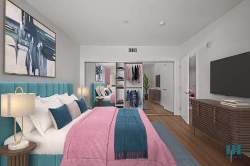 Spacious Bedroom with a Mirrored CLoset with Shelving, Vinyl Flooring, and Recessed Lighting