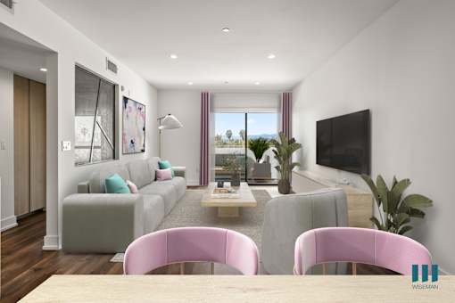 Open-Concept Dining and Living Room with Built-In Cabinets and Patio