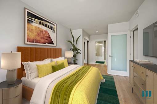 Bedroom with Vinyl Flooring, Mirrored Closet, and In-Suite Bathroom