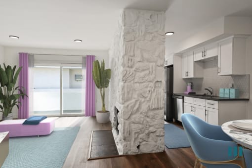 Kitchen, Dining, and Living Room Space with Patio