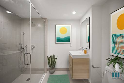 A bathroom with a shower, sink, and two framed pictures on the wall.