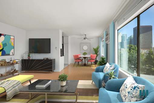 Open-Conecpt Dining and Living Room Space with Large-Size Windows and Vinyl Flooring