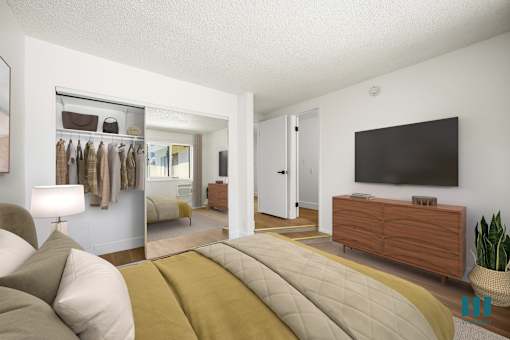 Bedroom with Vinyl Flooring and Mirrored Closet
