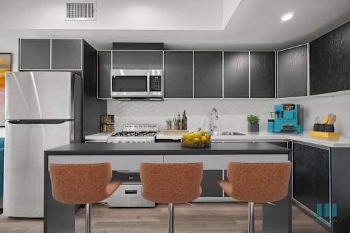 Open-Concept Kitchen with Stainless-Steel Appliances and Ample Cabinet Storage