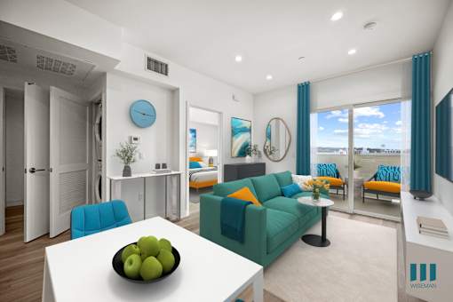 Dining and Living Room with In-Suite Washer & Dryer and Patio - Overland Floor Plan