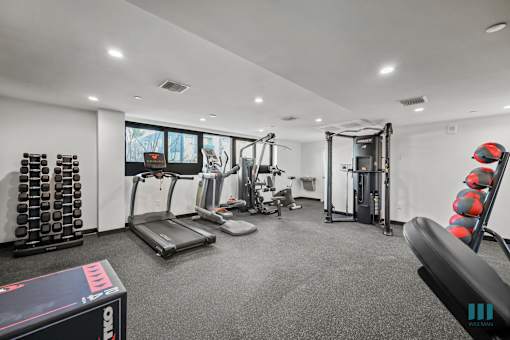 Well-Equipped Fitness Center with Assortment of Medicine Balls, Free Weights, Treadmills, and Exercise Equipment