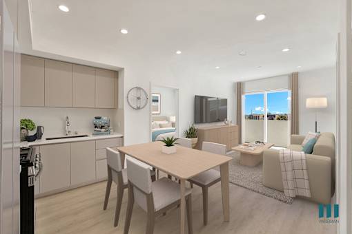 A modern kitchen with a dining table and chairs.