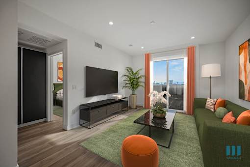 Living Room with a TV at Ogden Garden by Wiseman, Los Angeles, California