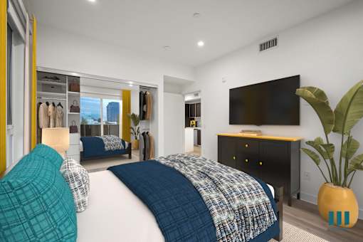 Bedroom with Built-In shelving at Ogden Garden by Wiseman, California