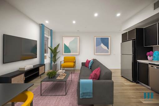 Living Room with Grey Couch at Ogden Garden by Wiseman, Los Angeles, 90036