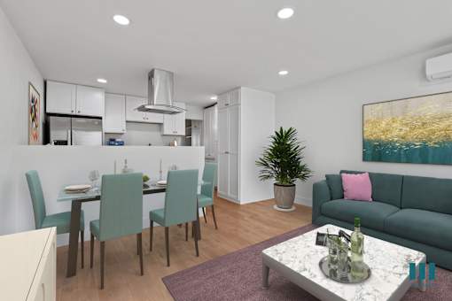 Open-Concept Kitchen, Dining, and Living Room with Vinyl Flooring and Recessed Lighting