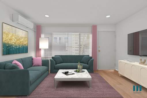 Living Room with Vinyl Flooring, Recessed Lighting, and Large-Size Windows