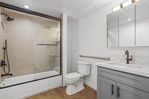 Bathroom with Shower-Bath with Glass Door and Vanity Cabinet Storage