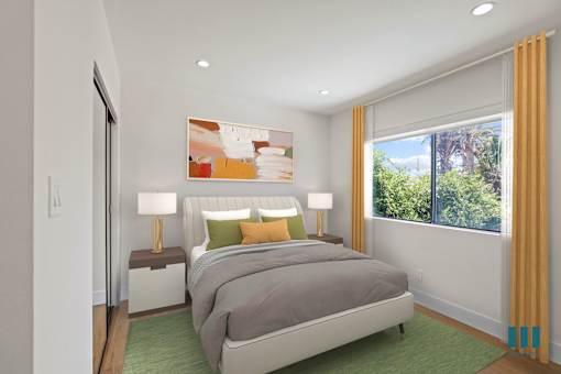 Bedroom with Recessed Lighting, Vinyl Flooring, Mirrored Closet, and Large-Size Windows