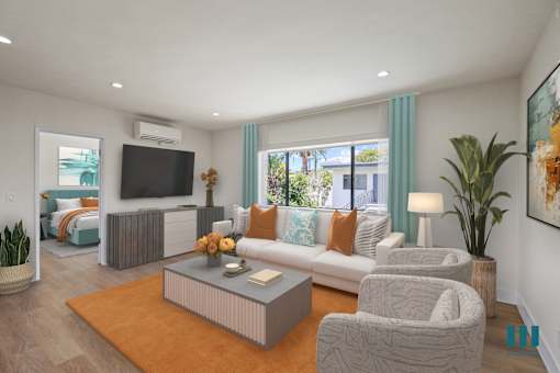 Living Room with Large-Size Windows, Vinyl Flooring, and Recessed Lighting