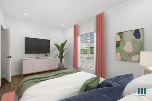 Bedroom with Large-Size Windows, Vinyl Flooring, and Recessed Lighting