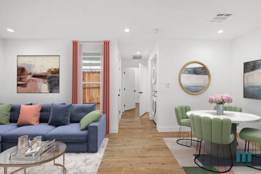 Open-Concept Living and Dining Room with In-Suite Washer & Dryer