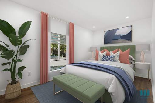 Bedroom with Large-Size Windows, Vinyl Flooring, and Recessed Lighting
