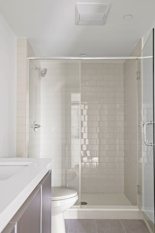Bathroom with Walk-In Shower & Glass Door, and Vanity Cabinet Storage