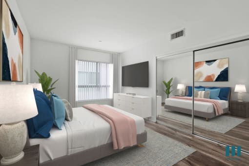 Bedroom with Mirrored Closet, Vinyl Flooring, and Large Windows