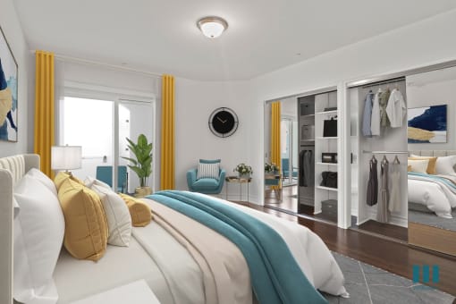 Bedroom with Two-Mirrored Closets, Vinyl Flooring, Bathroom, and Patio