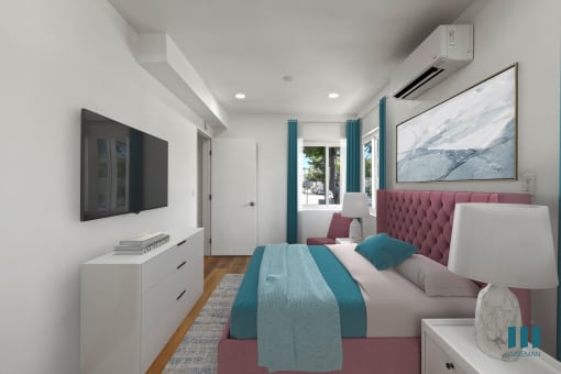 Bedroom with Vinyl Flooring, Recessed Lighting, and Lots of Windows