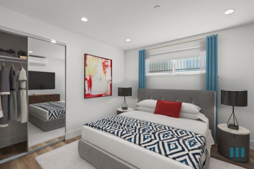 Bedroom with Mirrored Closet with Shelving