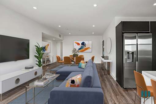 Open-Concept Kitchen, Dining, and Living Room with Vialy Flooring and Recessed Lighting