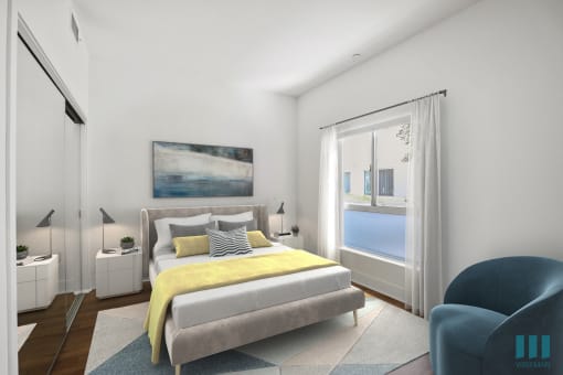 Bedroom with LArge-Size Windows, Mirrored Closet, and Vinyl Flooring