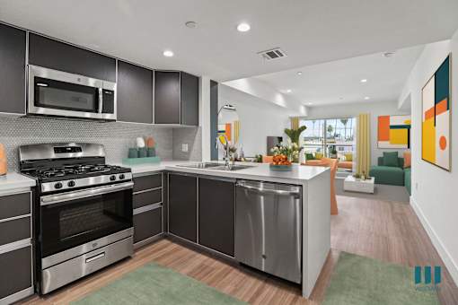 Modern Open-Concept Kitchen, Sining, and Living Room with a Patio