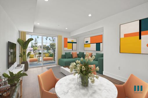 Dining and Living Room with Recessed Lighting, Vinyl Flooring, and a Patio