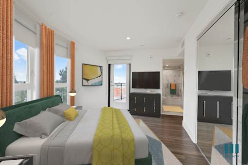 Modern Bedroom with a Bathroom, Mirrored Closet, and Patio