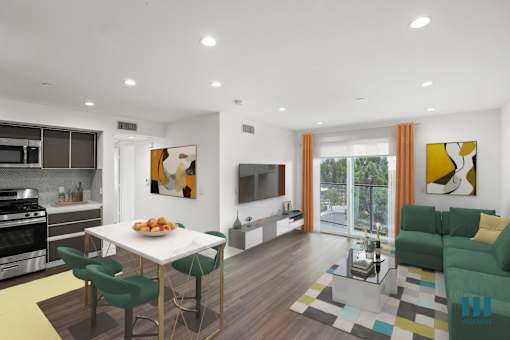 Open-Concept Kitchen, Dining, and Living Room Space with a Patio